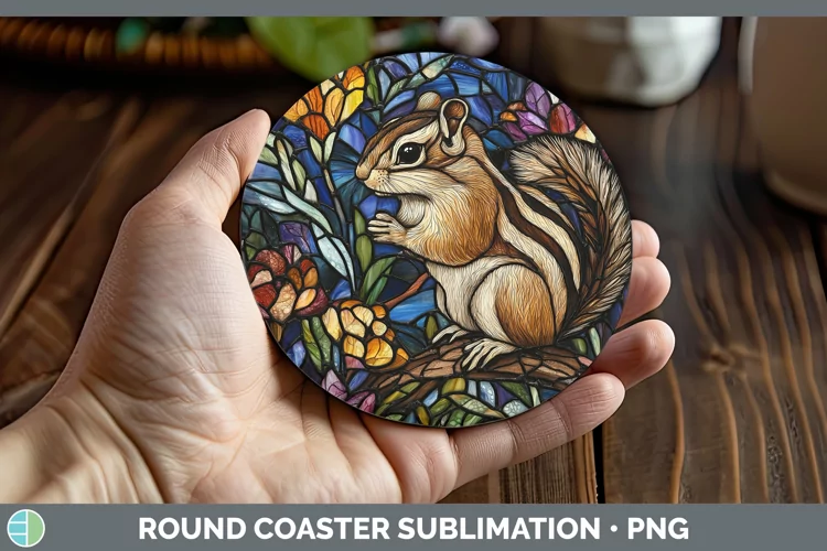 Stained Glass Woodland Chipmunk Round Coaster Sublimation Co