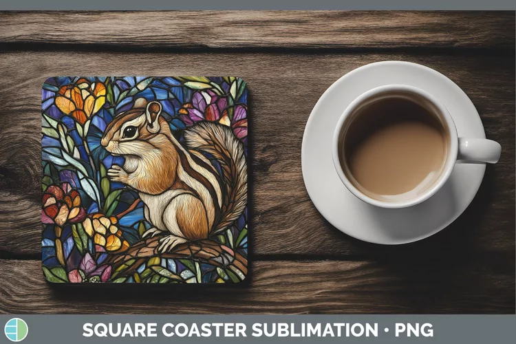 Stained Glass Woodland Chipmunk Square Coaster Sublimation C