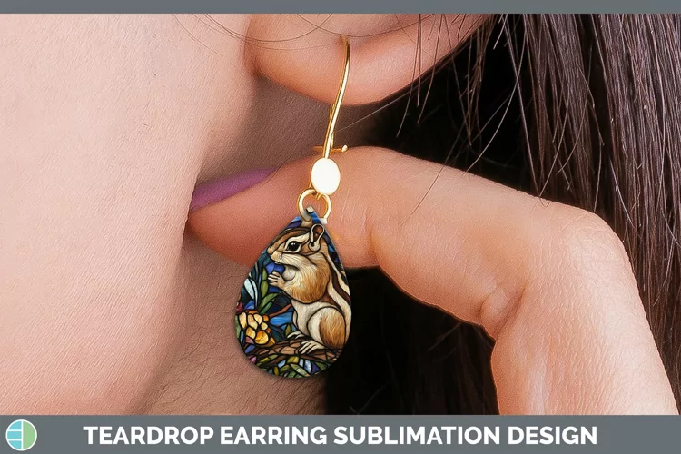 Stained Glass Woodland Chipmunk Teardrop Earrings Sublimatio