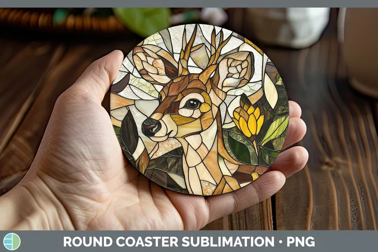 Stained Glass Woodland Deer Round Coaster Sublimation Coaste