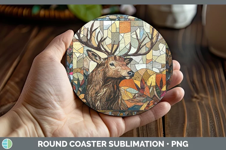 Stained Glass Woodland Elk Round Coaster Sublimation Coaster