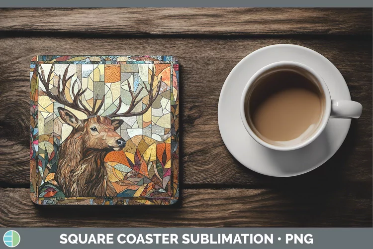 Stained Glass Woodland Elk Square Coaster Sublimation Coaste