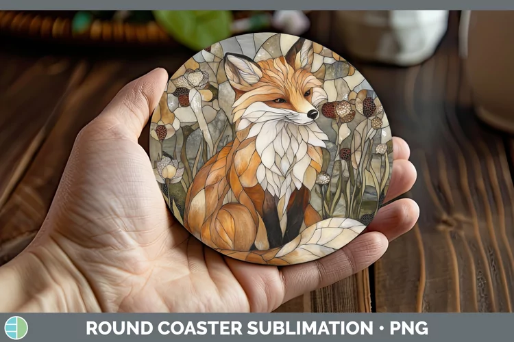 Stained Glass Woodland Fox Round Coaster Sublimation Coaster