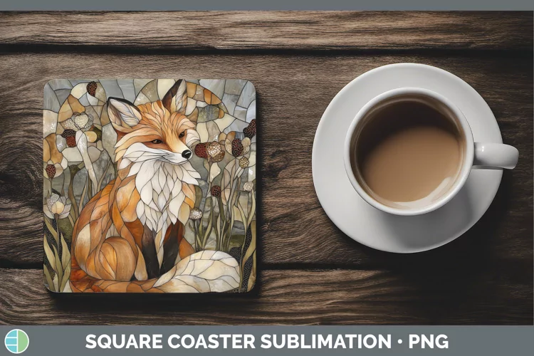 Stained Glass Woodland Fox Square Coaster Sublimation Coaste