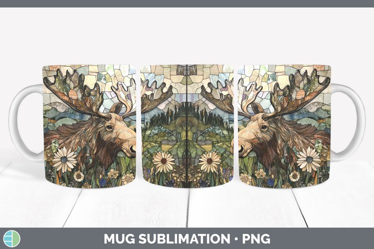 Stained Glass Woodland Moose Mug Wrap Sublimation Coffee Cup