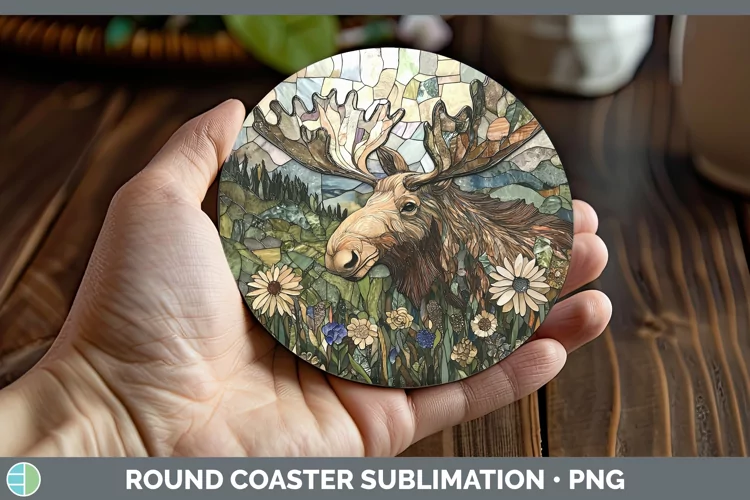 Stained Glass Woodland Moose Round Coaster Sublimation Coast