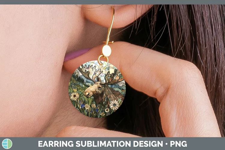 Stained Glass Woodland Moose Round Earrings Sublimation Earr