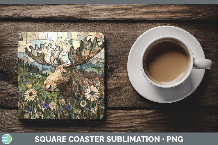 Stained Glass Woodland Moose Square Coaster Sublimation Coas
