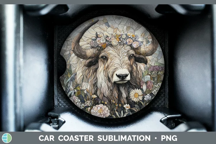 Stained Glass Woodland Musk Ox Car Coaster Sublimation Desi