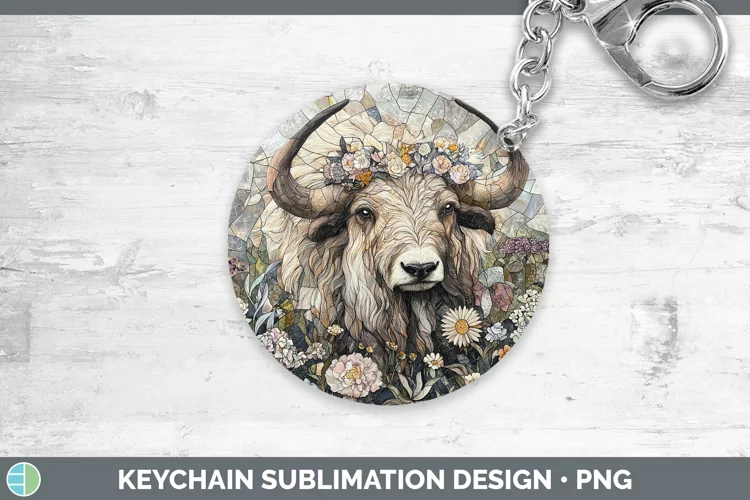 Stained Glass Woodland Musk Ox Keychain Sublimation Keyring