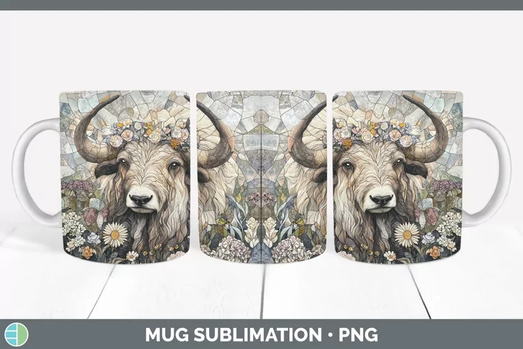 Stained Glass Woodland Musk Ox Mug Wrap Sublimation Coffee C