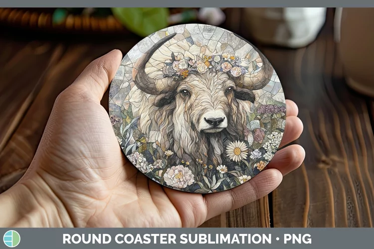 Stained Glass Woodland Musk Ox Round Coaster Sublimation Coa
