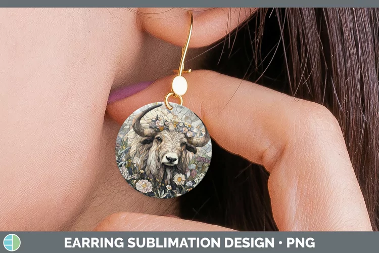 Stained Glass Woodland Musk Ox Round Earrings Sublimation Ea