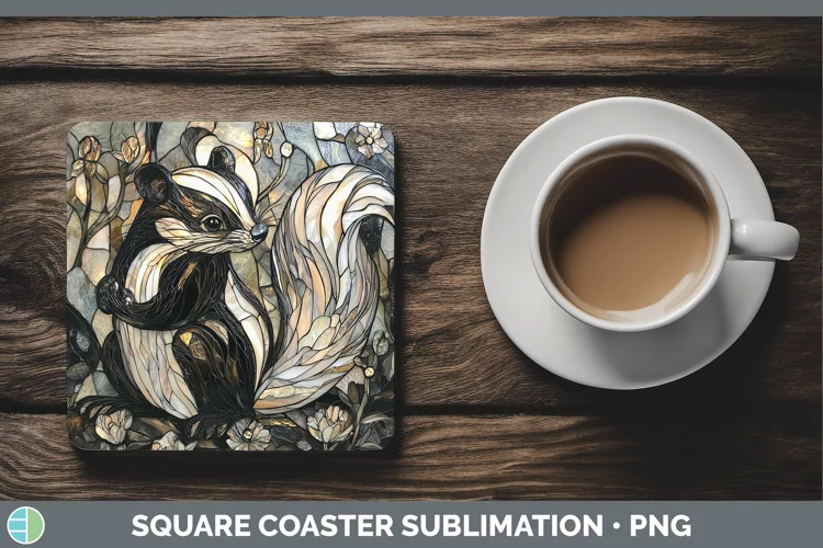 Stained Glass Woodland Skunk Square Coaster Sublimation Coas