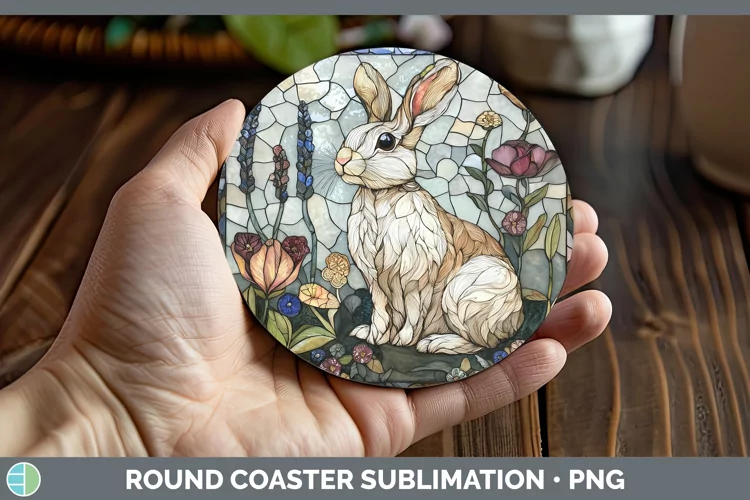 Stained Glass Woodland Snowshoe Hare Round Coaster Sublimati