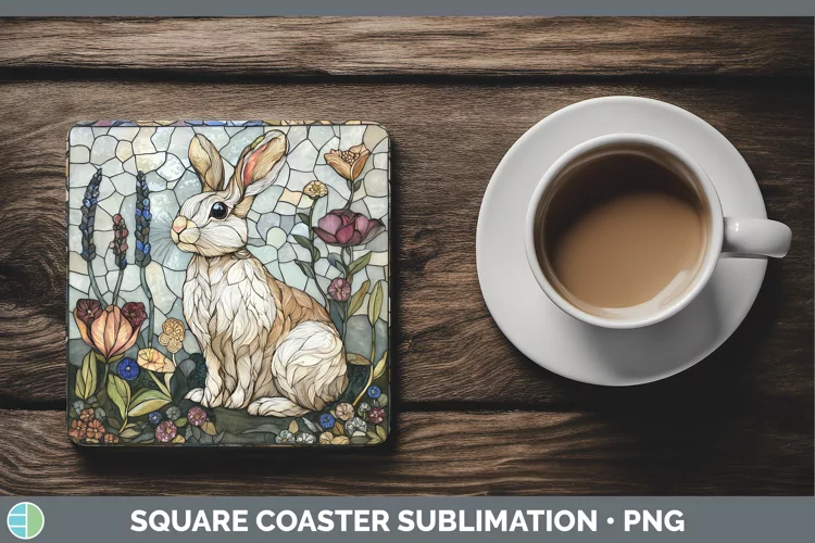 Stained Glass Woodland Snowshoe Hare Square Coaster Sublimat