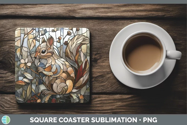 Stained Glass Woodland Squirrel Square Coaster Sublimation C