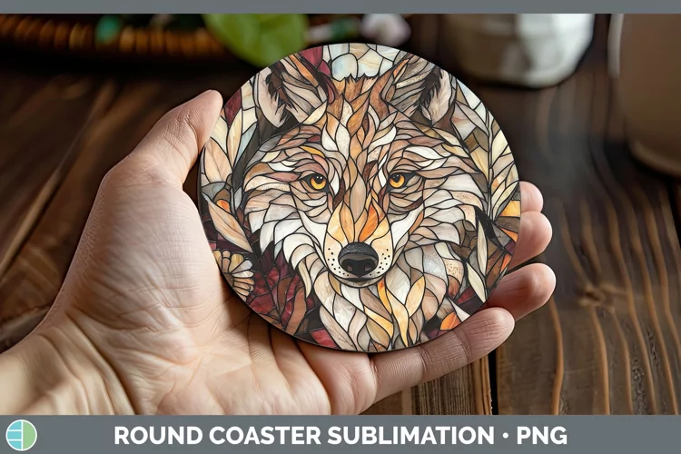 Stained Glass Woodland Wolf Round Coaster Sublimation Coaste