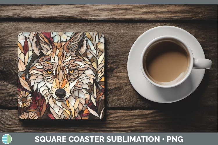 Stained Glass Woodland Wolf Square Coaster Sublimation Coast