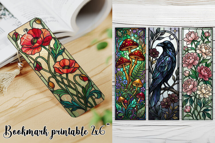 Stained Glass Floral Bookmark Printable PNG example image 1