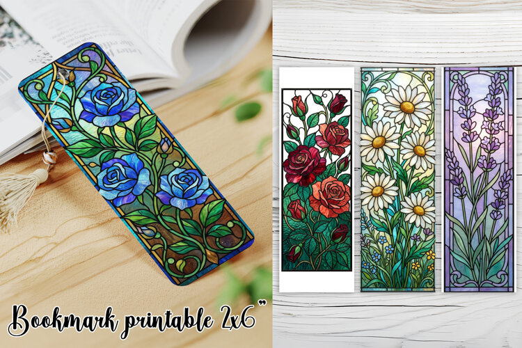 Stained Glass Floral Bookmark Printable PNG Design example image 1