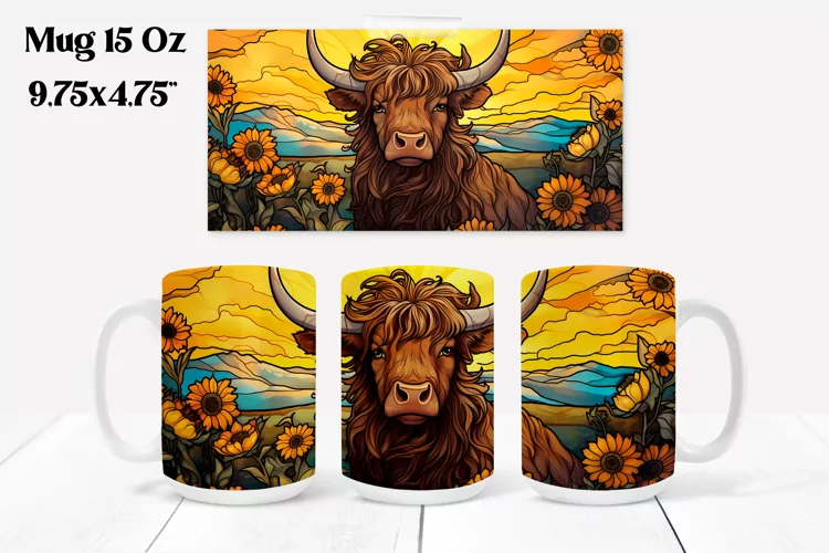 Highland cow mug sublimation | Cow stained glass mug wrap