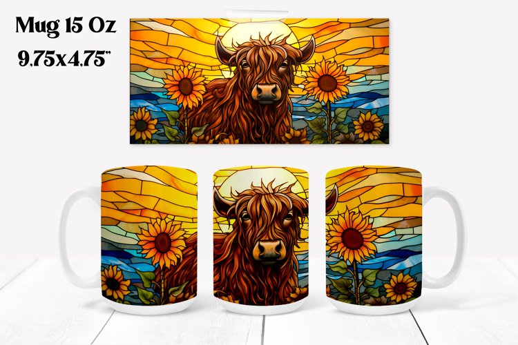 Highland cow stained glass sunflower mug sublimation design example image 1