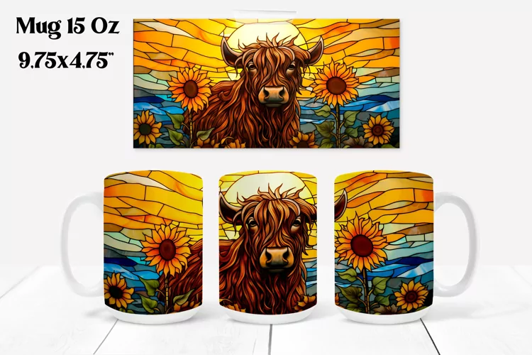Highland cow stained glass sunflower mug sublimation design
