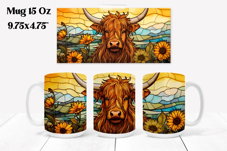 Highland cow stained glass sunflower mug sublimation example image 1