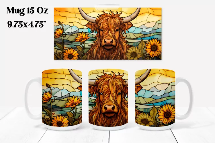 Highland cow stained glass sunflower mug sublimation