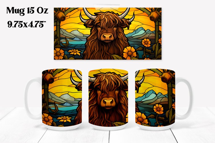 Highland cow stained glass sunflower mug PNG design