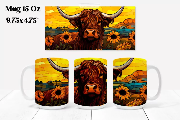 Highland cow stained glass sunflower mug | Cow mug