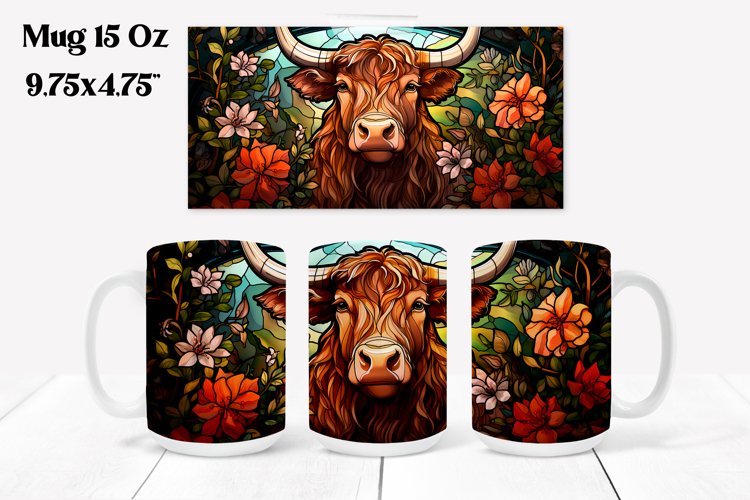 Highland cow stained glass flower mug sublimation design example image 1