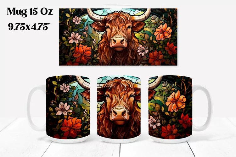 Highland cow stained glass flower mug sublimation design