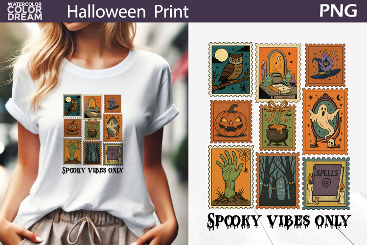 Spooky Vibes Halloween Stamp Print | Creepy Cute PNG Design