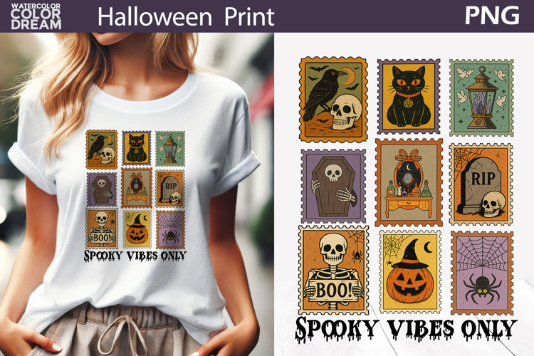 Skeleton Halloween Stamp Print PNG | Spooky Vibes Shirt Art
