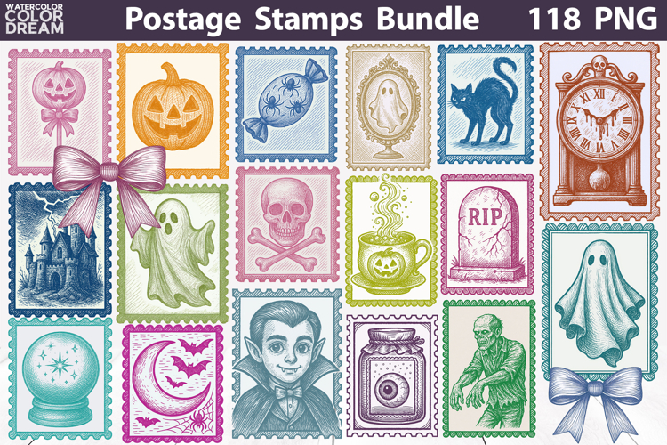 Vintage Halloween Postage Stamp Bundle | Spooky Clipart