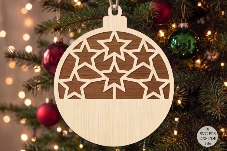 Star Christmas Ornament Laser Cut SVG, Round Wooden Holiday