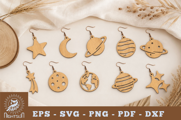 Star,Moon, And Planet Wooden Earrings