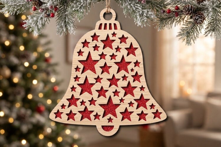 Starry Christmas Bell Ornament SVG Laser Cut File example image 1