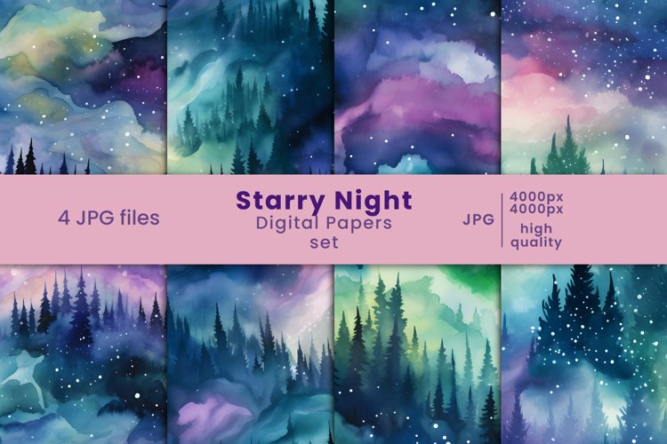 starry night, colorful sky digital papers, digital paper, nature digital papers, woods, forest, set,