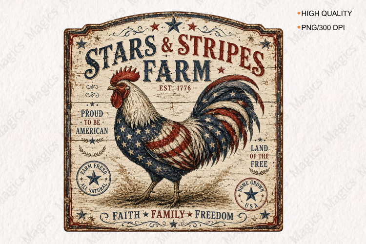 Stars and Stripes Farm Rooster Vintage Sign PNG
