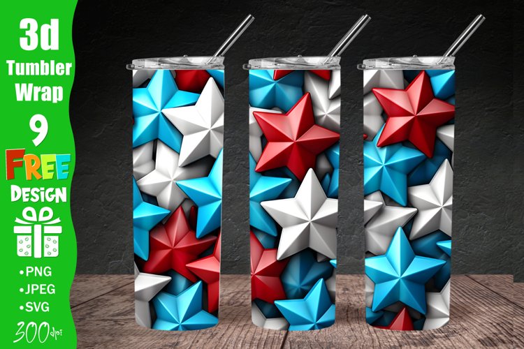 3D Stars Patriotic 20 oz Skinny Tumbler Wrap Sublimation