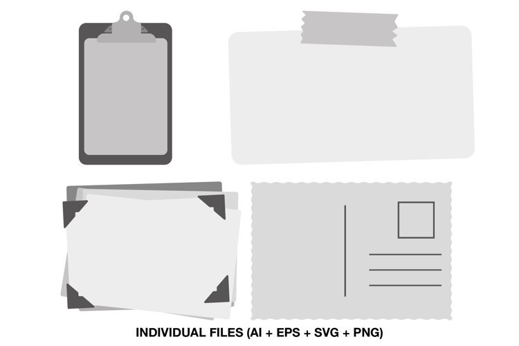 Stationery clipart with clipboard note paper photo frames and postcard