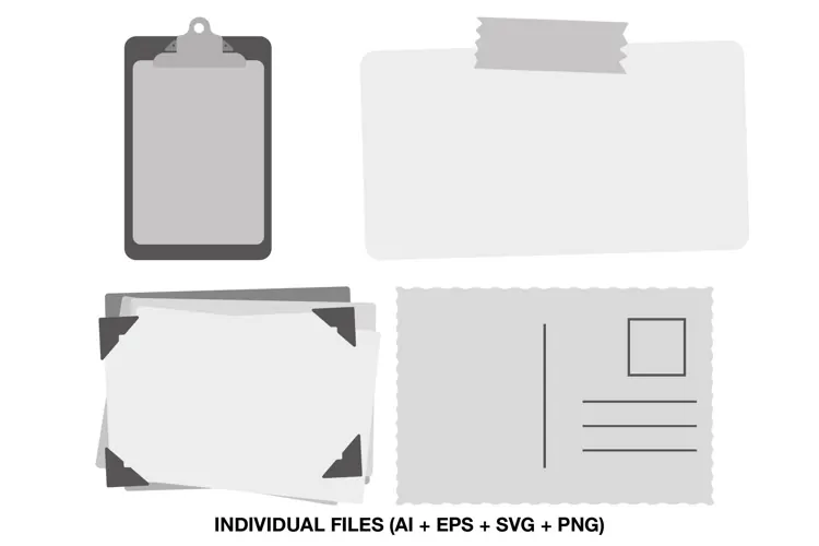 Stationery Clipart with Clipboard, Notes, Photos, Postcard