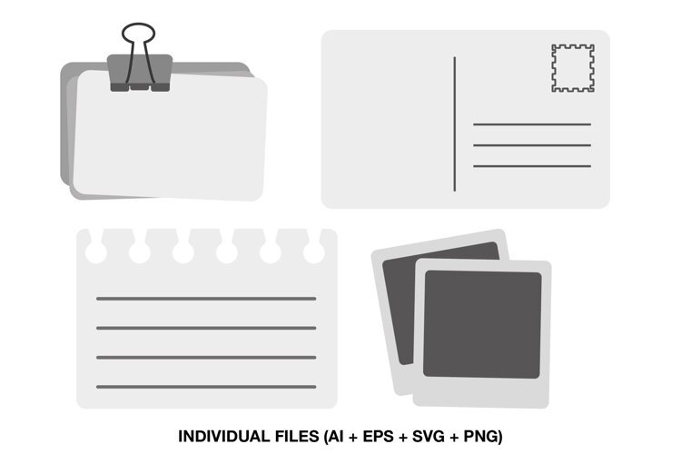 Four stationery clipart illustrations with memo cards, postcard, notepaper and photo frames