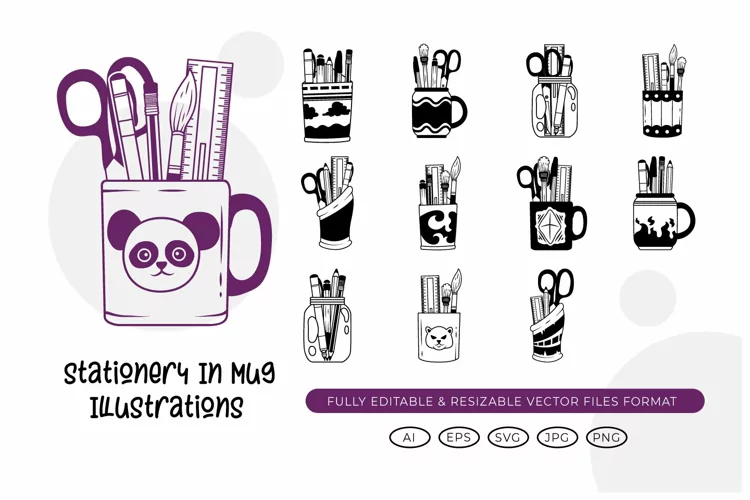 Stationery In Mug Illustrations