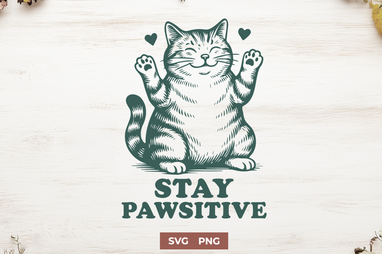 Stay Pawsitive Cat SVG PNG, Cute Motivational Cat Clipart