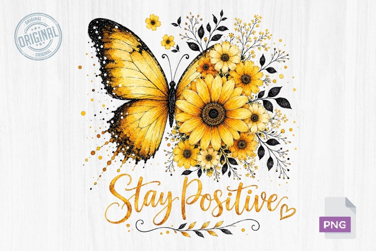 Stay Positive Butterfly Floral PNG