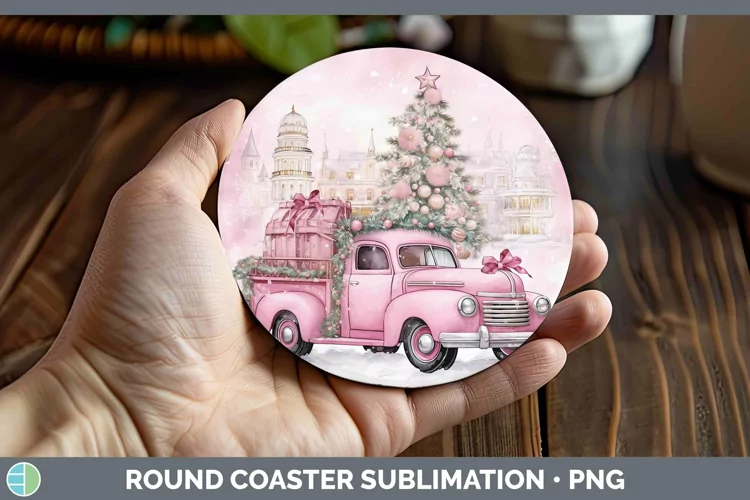 Steampunk Christmas Vintage Truck Round Coaster Sublimation